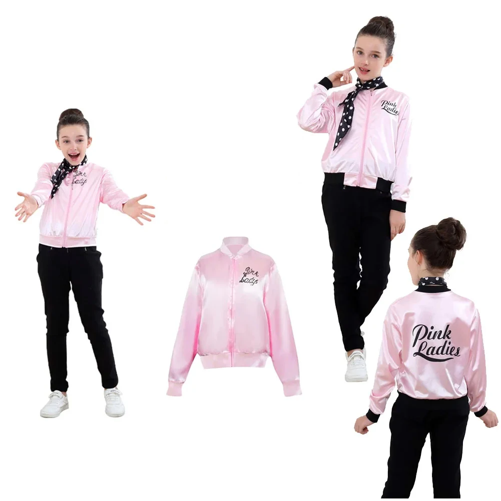 

Grease Cosplay Pink Ladies Coat Glasses Scarf Earrings Costume for Kids Children Outfits Halloween Carnival Party Fantasia Suit