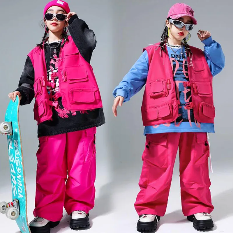 Hip Hop Girls Pink Jacket Vest Cargo Pants Boys Street Dance Oversize Pullover Kids Showing Streetwear Child Jazz Clothes Set