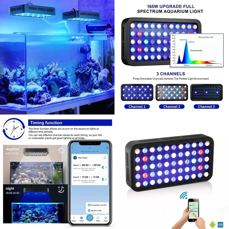 Wifi APP Control Coral Reef 165w Dimmable Three Channels Five Models Fish tank Planted Aquarium Light Led