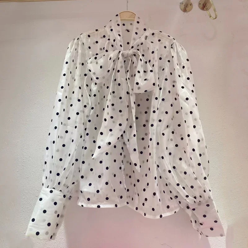 2023 papillon camicetta stampata a pois donna Office Lady camicia lunga con maniche a sbuffo top larghi autunno nuovi vestiti dolci Blusas 29920