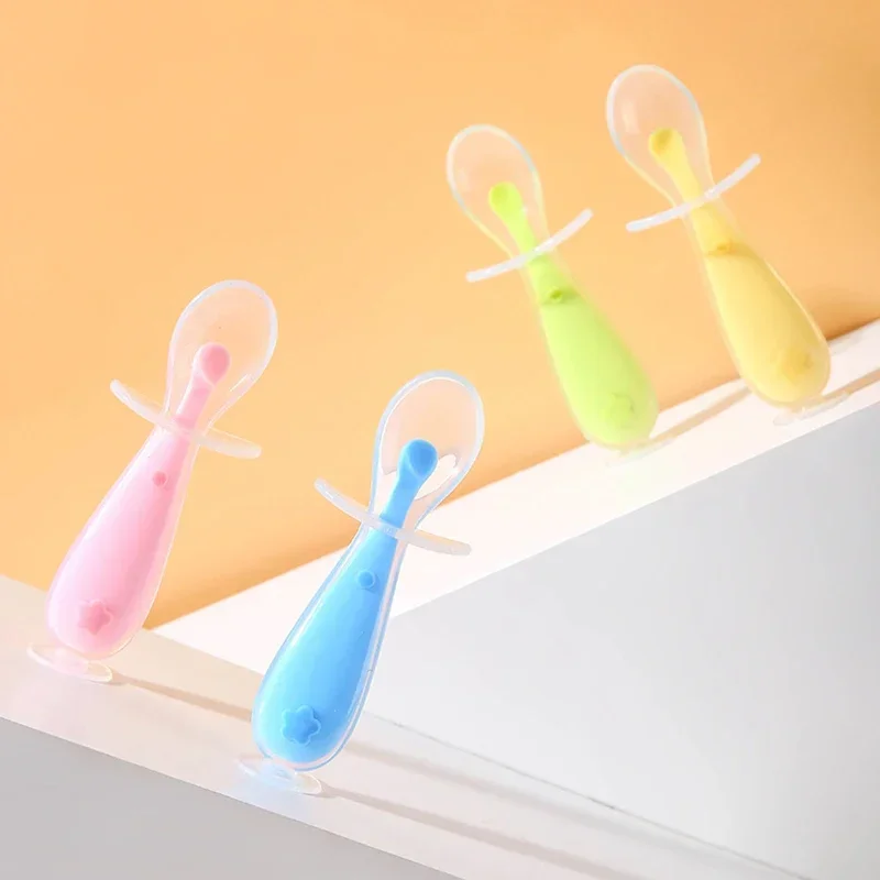 New Babies Training Spoon With Suction Cup Children Tableware Infant Feeding Soft Liquid Silicone Non-slip Baby Spoon Utensils