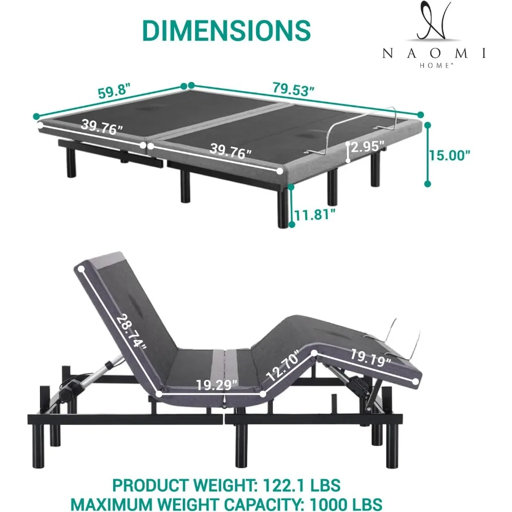 Idealbase Queen Adjustable Bed Frame with Lumbar Support & Head Tilt, Foot Incline, Back & Leg Massage, USB Ports, Massage Bed