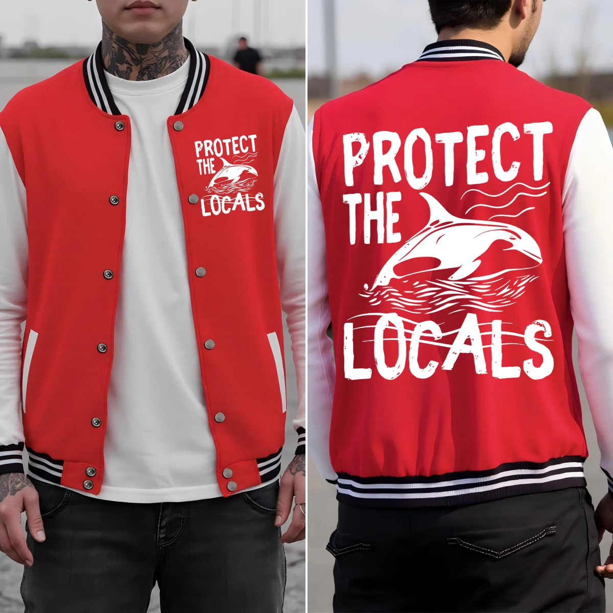 

Protect The Locals Dolphin Printed Men Jacket Colorful Cotton Clothes Pocket Loose Baseball Uniform Autumn Hip Hop Streetwear