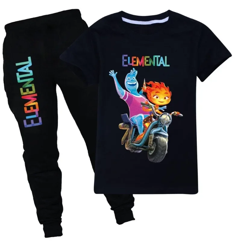 Summer Water Fire Elemental Crazy Element City Suit Children Cosplay Sportswear Set Boy and Girl Short Sleeved T-shirt long Pant