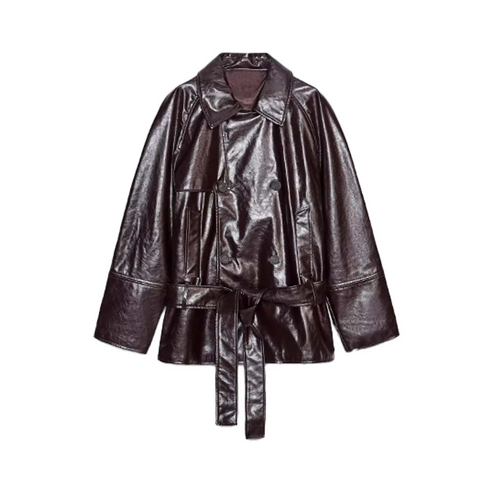 

Autumn and winter new women's double breasted button decoration imitation leather waist belt lapel long sleeved jacket