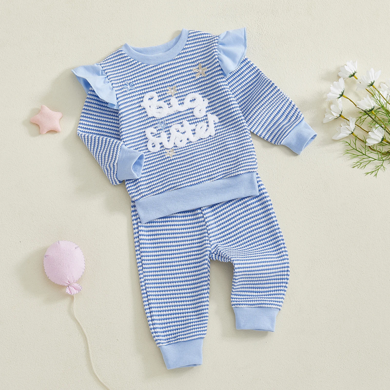 

0-3T Toddler Baby Girls Fall Waffle Outfits Letter Embroidery Striped Long Sleeve Sweatshirt and Elastic Pants Set