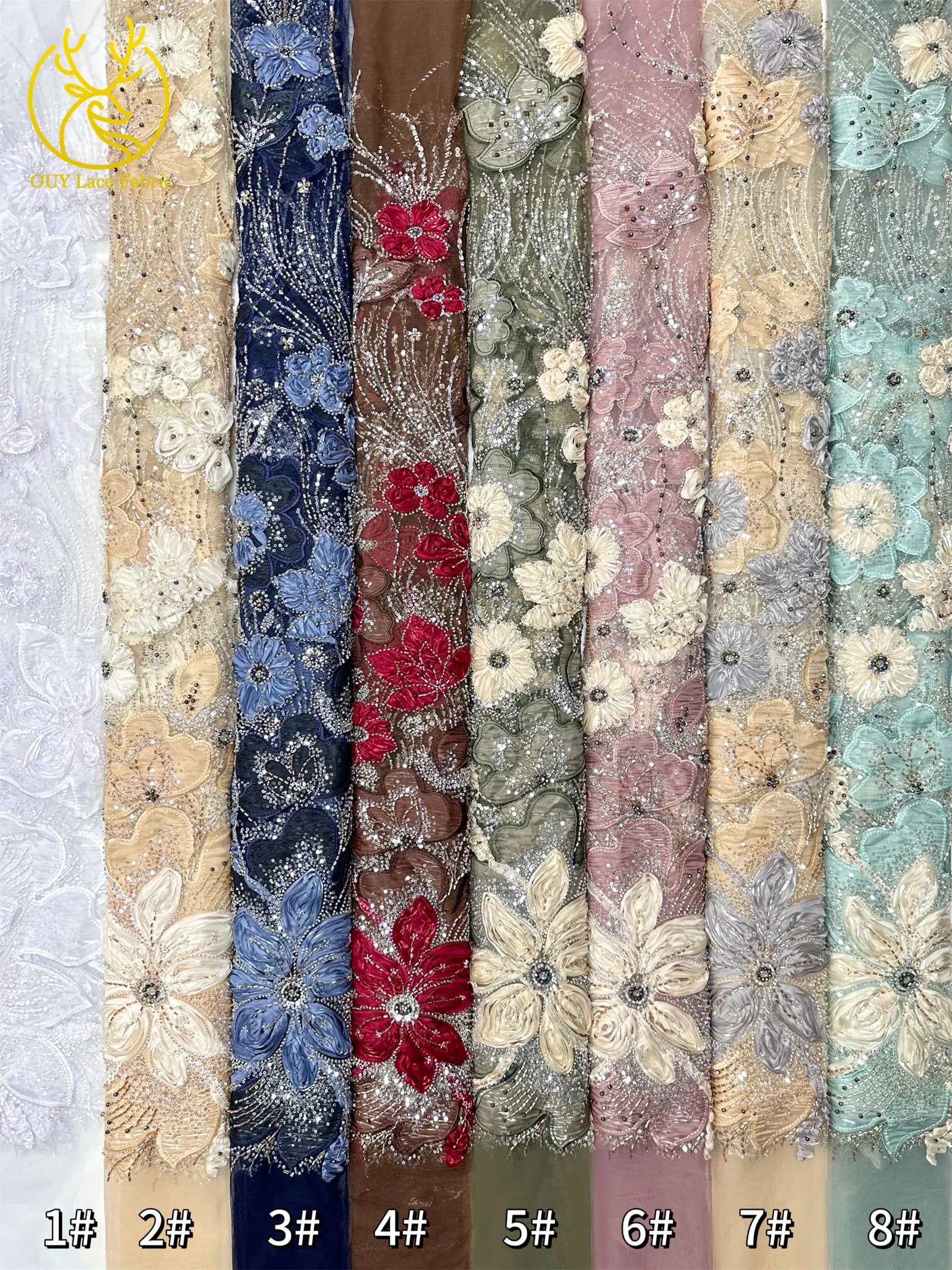 3D-Blumen-Tüll, afrikanischer Spitzenstoff, eleganter französischer nigerianischer Perlen-Pailletten-Mesh-Spitzenstoff für Damen, Hochzeitskleid-Design-Stoff – Detail 29