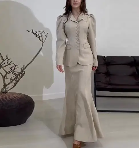 

Women's Long Skirt Set 2026 Spring Elegant New Button Front Blossomed Sleeve Suit Coat and Hip Wrapping Fishtail Skirt Set