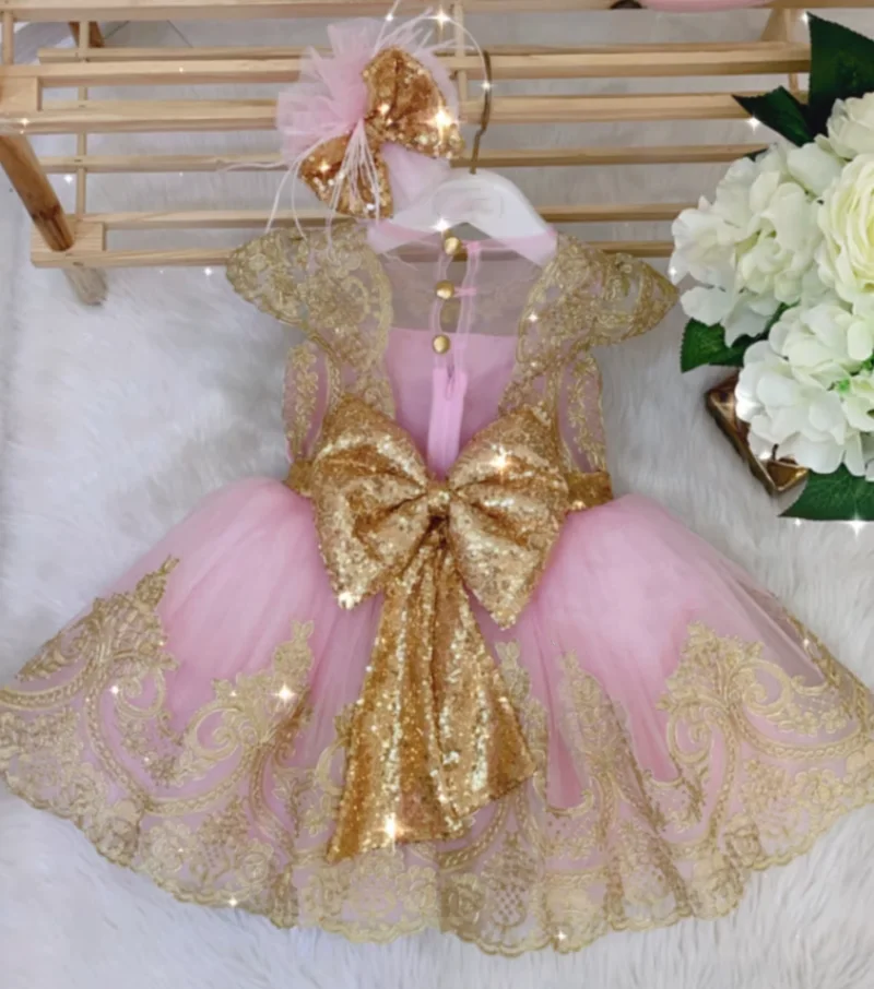 

New Custom Princess Flower Girl Dresses O Neck Gold Lace Appliques Kids Infant First Birthday Gowns Girls Photoshoot