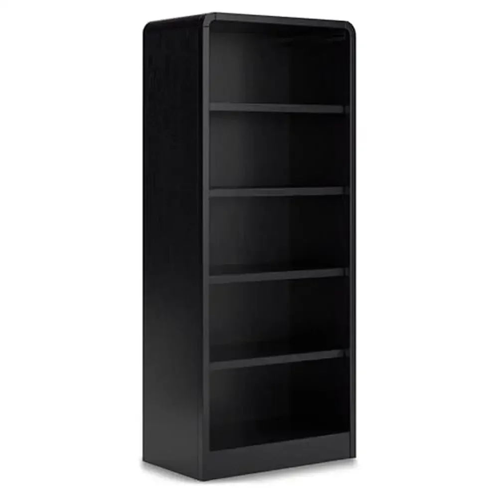 Modern 5-Tier Black Bookcase Adjustable Shelves Hardwood & Oak Veneer Space Saving Storage Solution