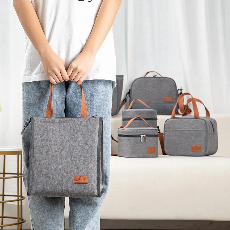 Fashion Portable Gray Tote Insulation Lunch Bag for Office Work School Korean Oxford Cloth Picnic Cooler Bags