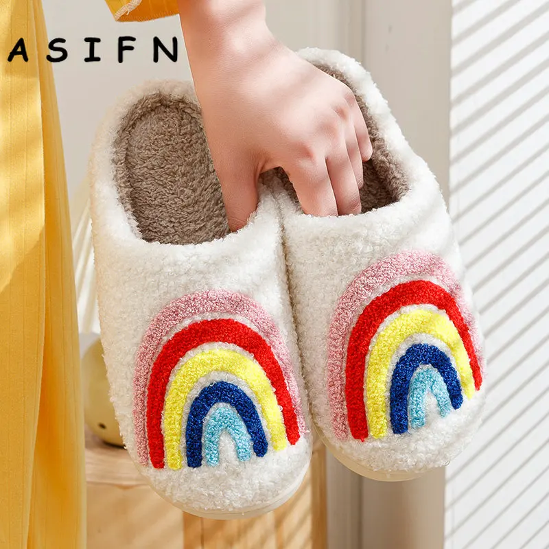 Women's Rainbow Slippers Fashion Fluffy Cushion Slides Cute Womens Comfortable Houseshoes Good Vibes Winter Warm Non-slip Shoes