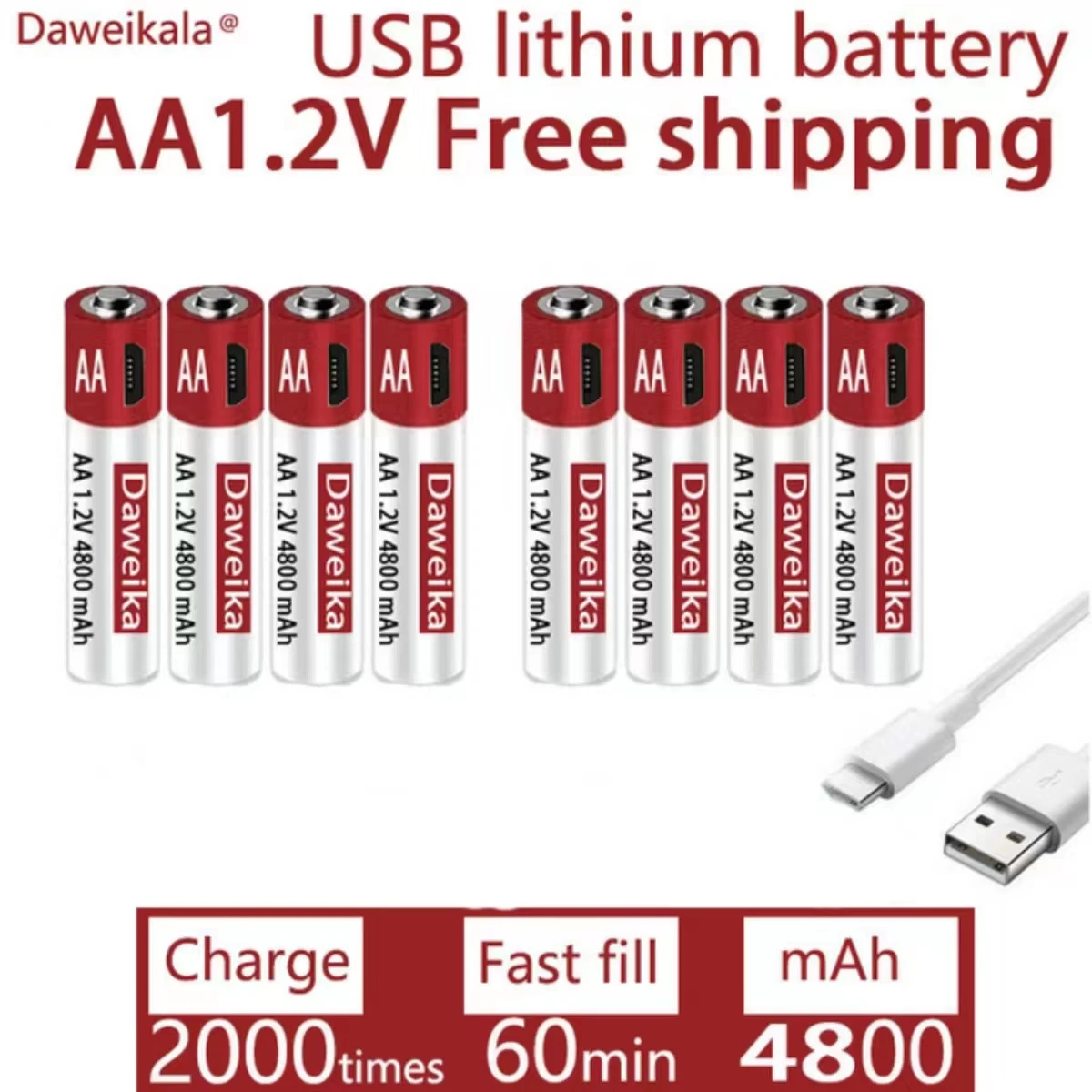 AA rechargeable lithium battery, 1.2V USB rechargeable AA battery, AA, 4800mAh, toy mouse remote control, free delivery CE  FCC