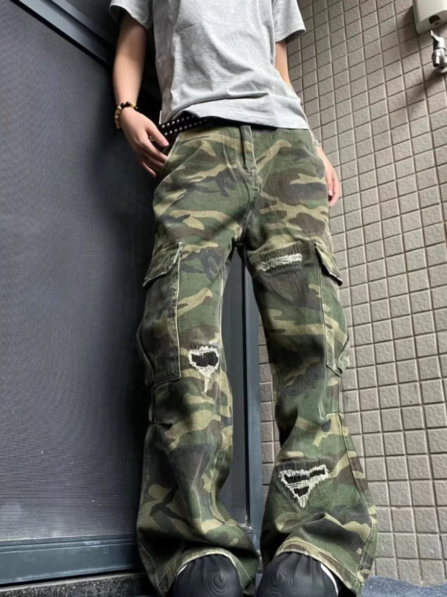 

Retro American Waed Camouflage Pants Men's Women's Straight Leg Wide Leg Jeans Multi-ket Workwear Torn Patch Youthful En...