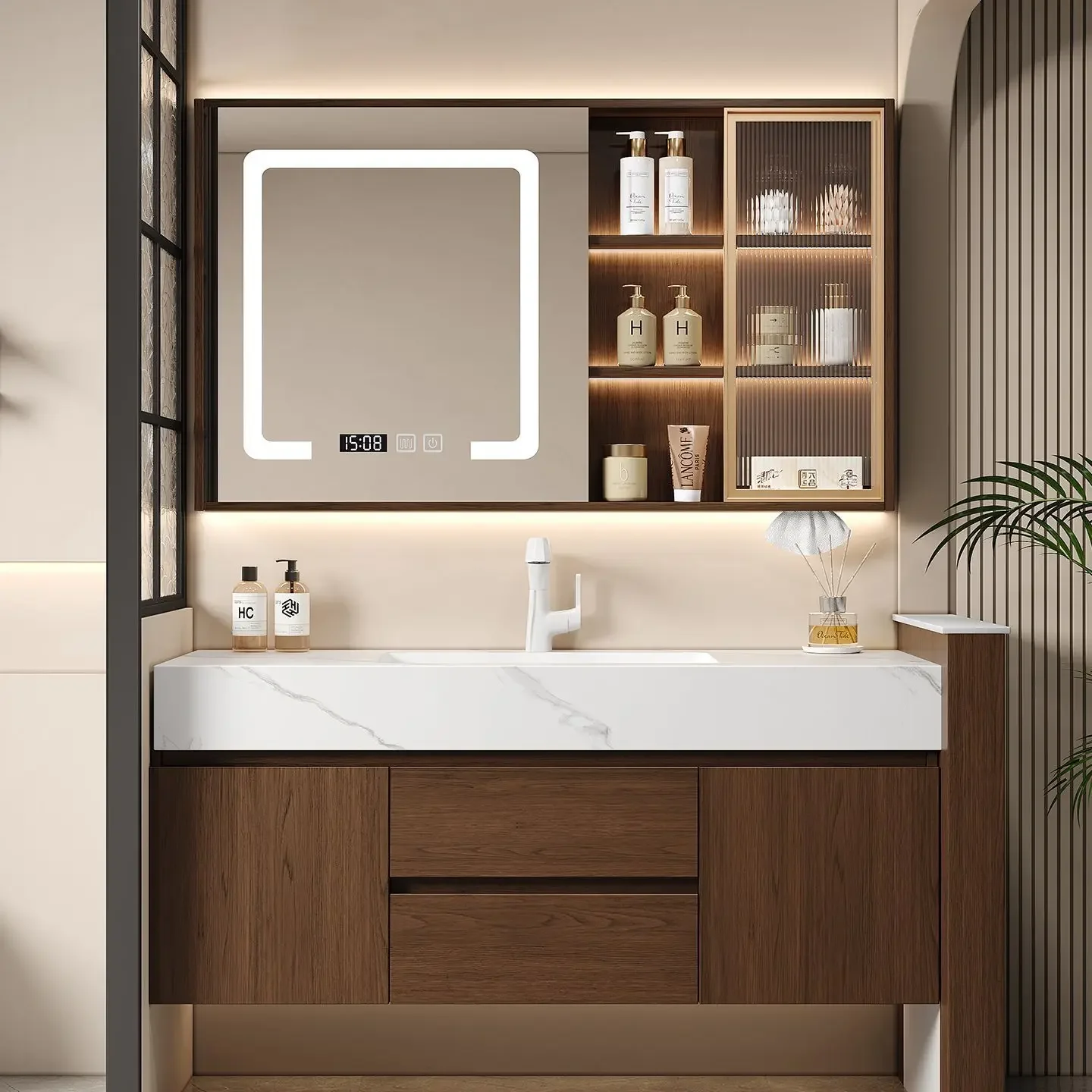 Medieval style walnut bathroom cabinet combination slate seamless ceramic integrated basin hand washbasin