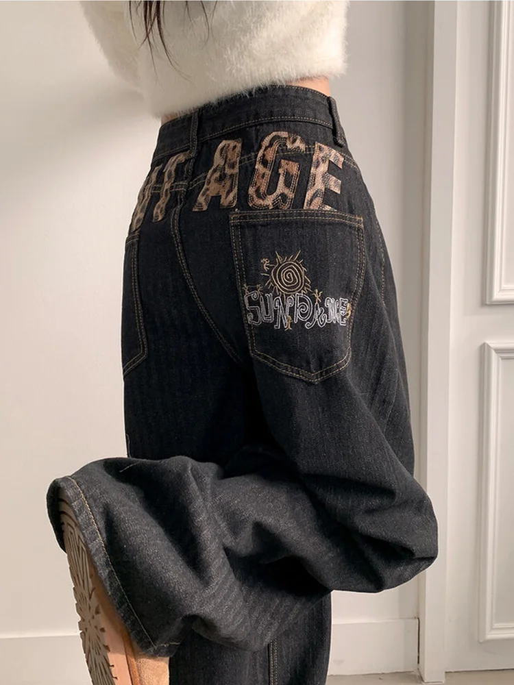 

Ретро-джинсы в американском уличном стиле, корейские, свободного кроя, с леопардовым принтом и пэчворком, повседневные, универсальные, джинсовые, для женщин, удобные, натуральные.