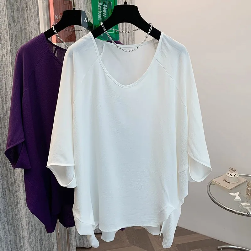 

Loose Fit ort Sve V-Ne Batwing Sve T-irt Thin Design Casual Comfortable plus Size Women's Top Summer Faion