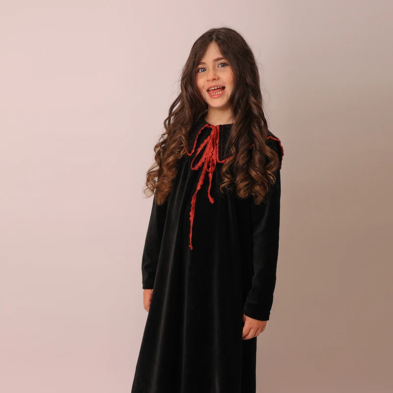 Black and Navy Velour Family Set for Boys And Girls with Colorful Tapes Top And Pants Children's Clothing Fall Winter Collection