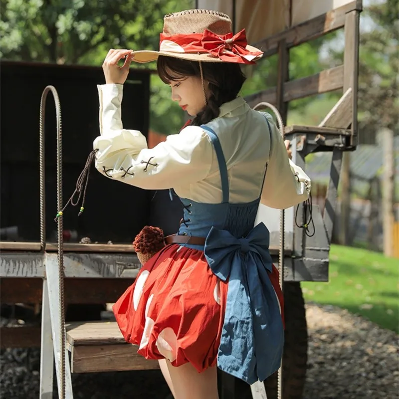 Cute Denim Strap Dress Red Mushroom Flower Bud Skirt Polka Dot Strap Skirt With Pineapple Crossbody Bag