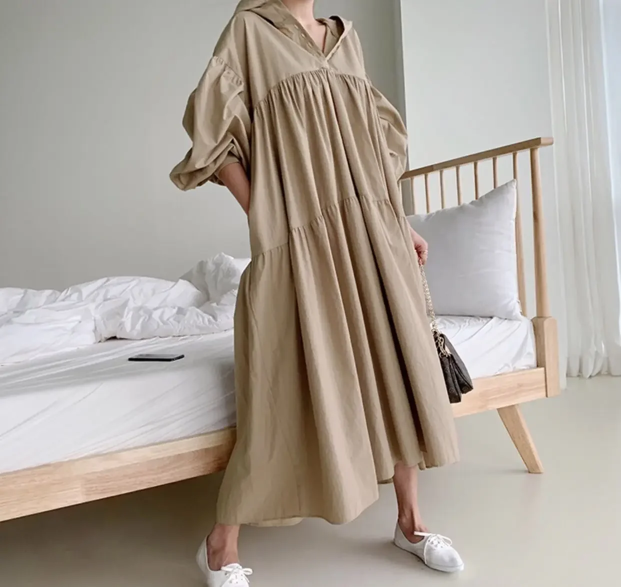 SuperAen 2024 Hooded Loose Oversized Long Dress Casual Temperament Maxi Shirt Dress Female