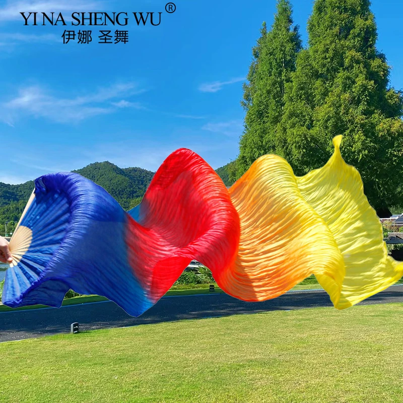 100% Real Silk Fan Veils for Belly Dance Bamboo-Ribs Folding Silk Fan Chinese Gradient Hand Made Dyed Fan Tie-dye Color 1PC