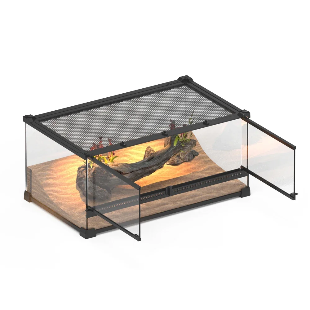 US Local Stock Full View Front Opening Reptile Glass Terrarium Habitat with Double Hinge Door and Top Screen Ventilation