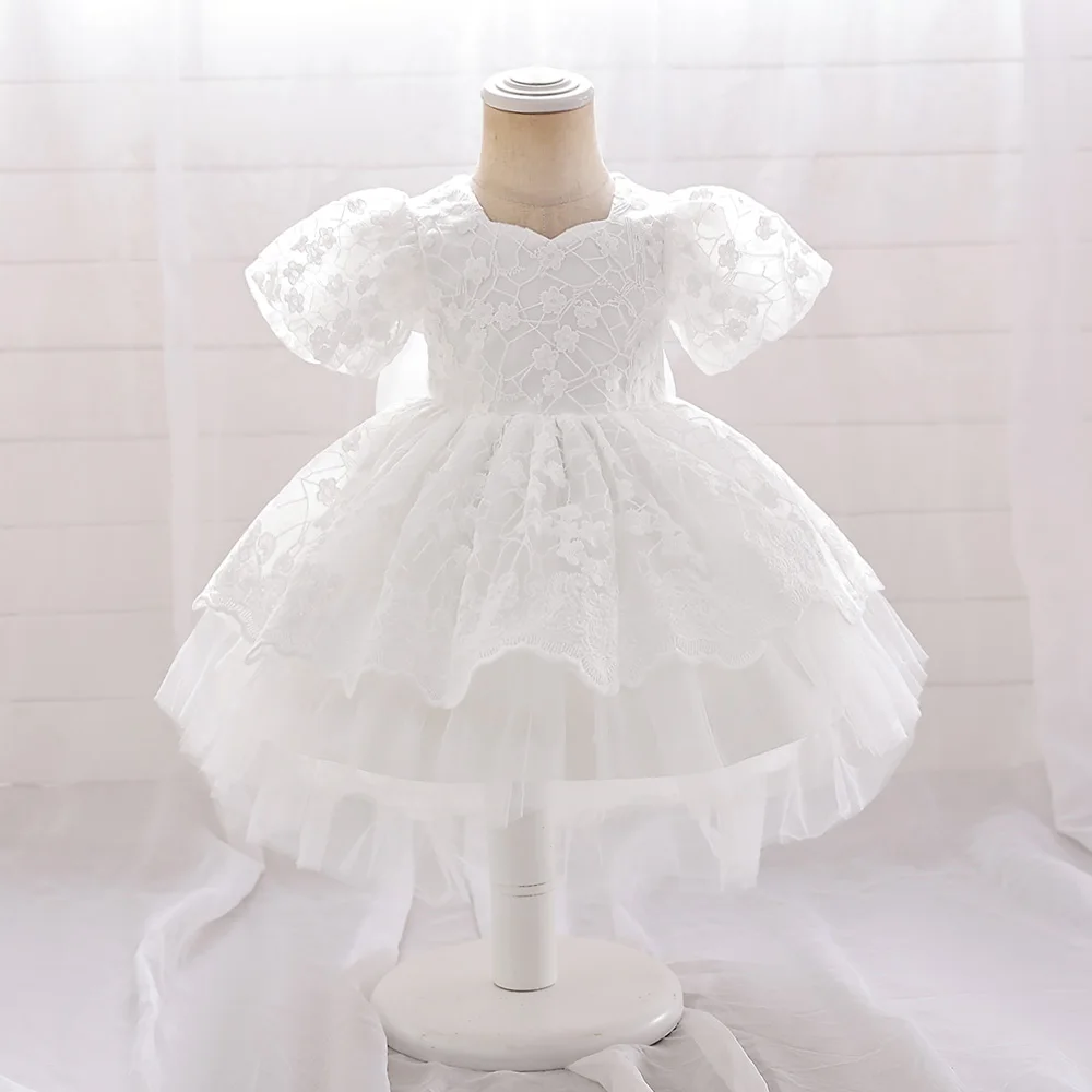 

Flower Girls White Wedding Bridesmaid Party Dresses Baby Kids 1st Birthday Tulle Prom Gown Infant Bubble Sleeves Puffy Costumes