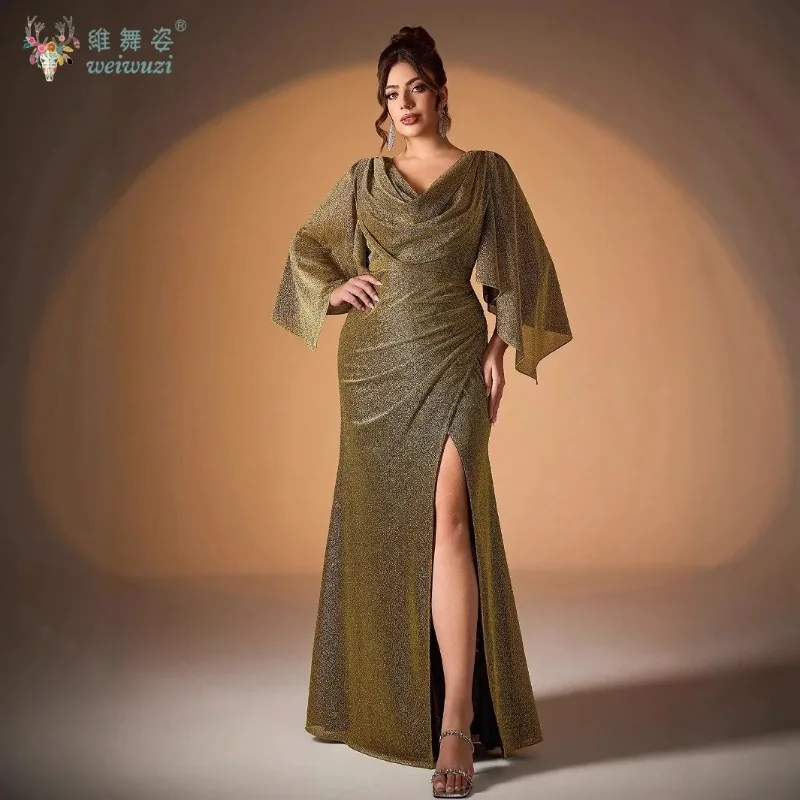 

New Plus Size Women's Dance Party Solid Color V-neck Slit Slim Fit Sparkling Evening Dress Formal Social Gentle Evening Dress