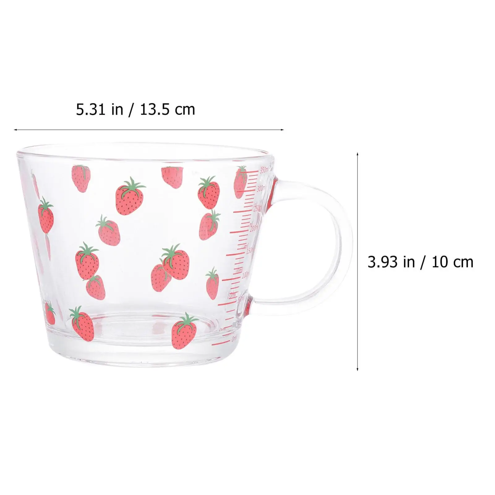 Strawberry Glass Measuring Cup 350ml/12oz - Tempered Glass, Handle - Perfect for Milk, Juice, Cappuccino - Accurate Measurements