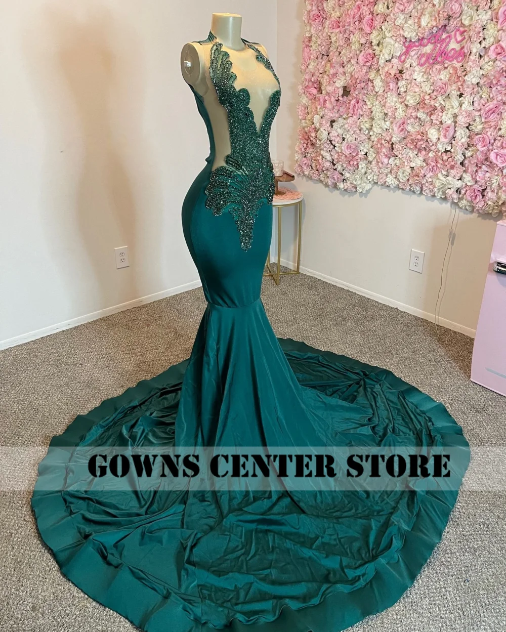 Abiti da ballo a sirena verde foresta Abiti da gala da sera per ragazze nere personalizzati Strass Cristalli Abito da cerimonia nuziale Aso Ebi