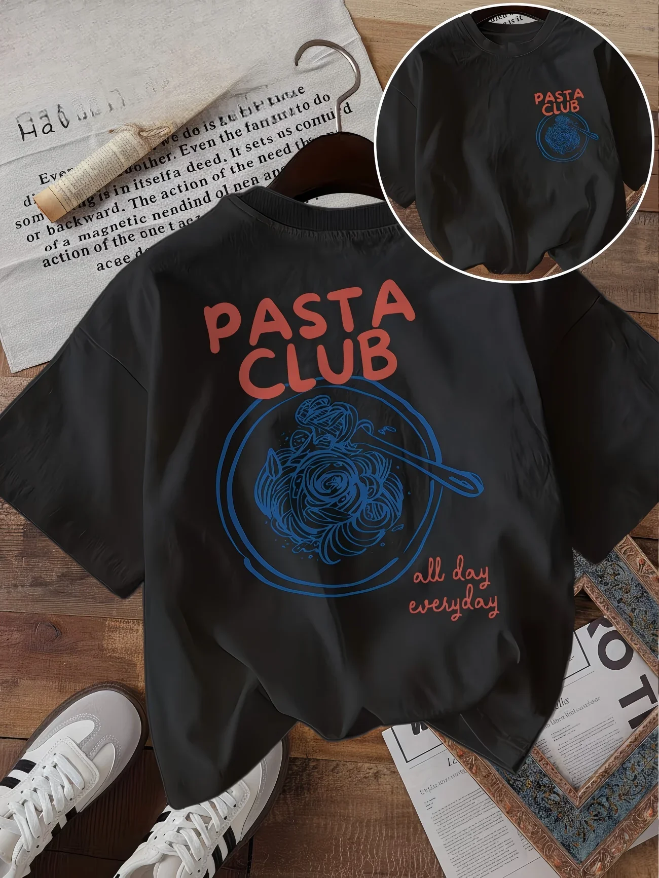 Pasta Club Graphic T-Shirt Women Italian Summer Spaghetti Print Tee Vintage Aesthetic Harajuku Short Sleeve Casual Summer Top