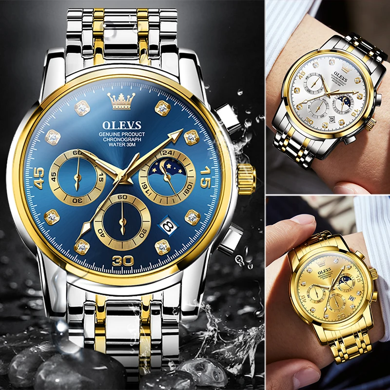 OLEVS Men\'s Watches Multifunction Original Quartz Watch for Man Waterproof Stainless Steel Luminous Chronograph Moon Phase Date