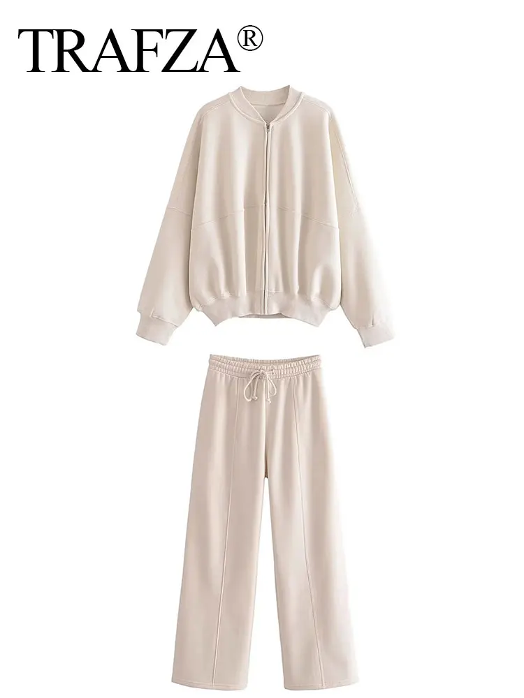 TRAFZA Women Solid Sportwear Suit Long Sleeve Zipper Bomber Jacket Coat Casual Drawstring Pant Autumn Female Y2K Sweatshirt Set