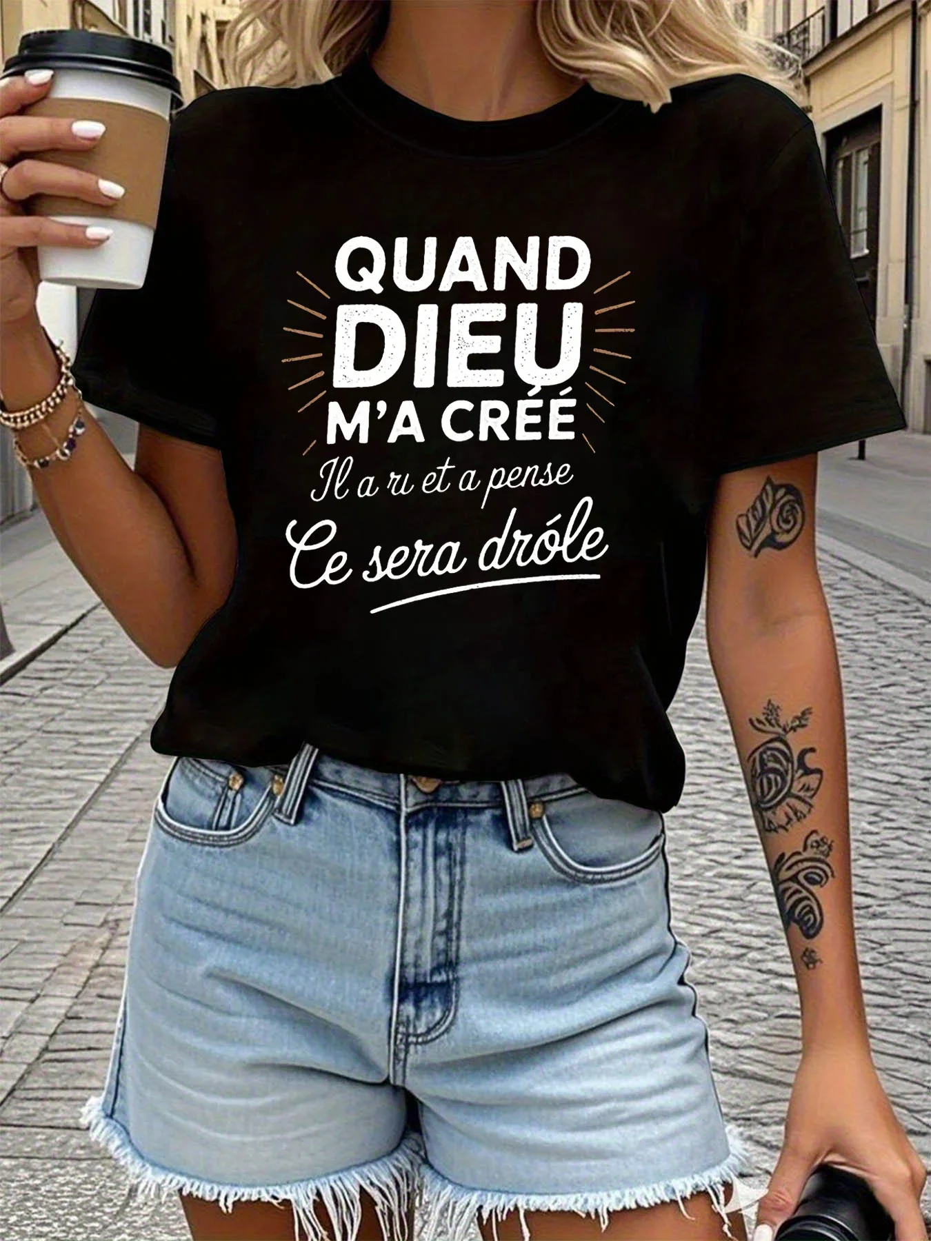 

Women's T-shirt Short Sleeve QUAND DIEU M'A CRÉÉ French Letter Print Crew Neck Casual Top For Summer & Spring