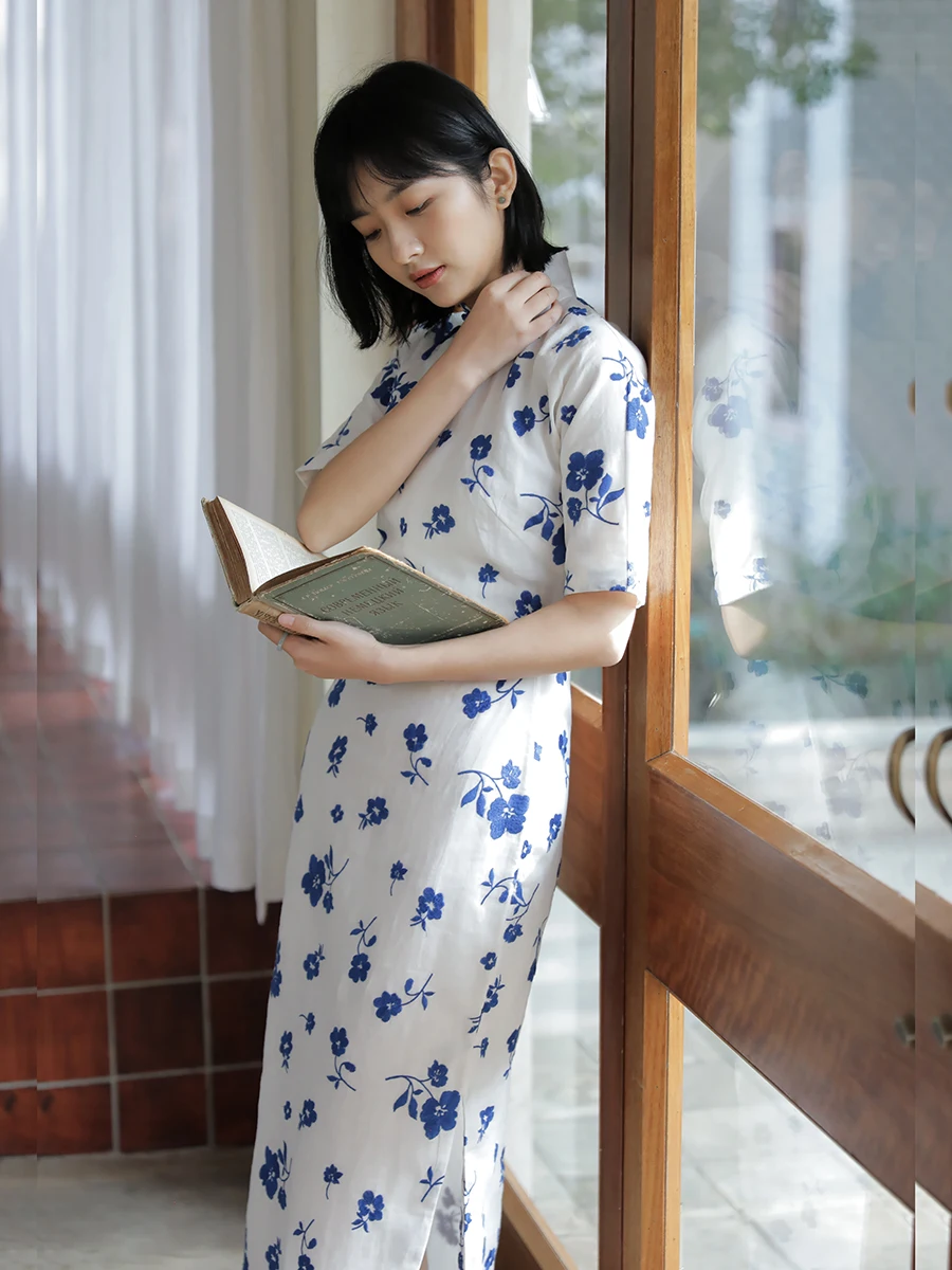 

Mumei Long Slit V-ne Artistic Daily Wear Linum Fabric Floral Pattern Retro Sle ort Sve Low Slit