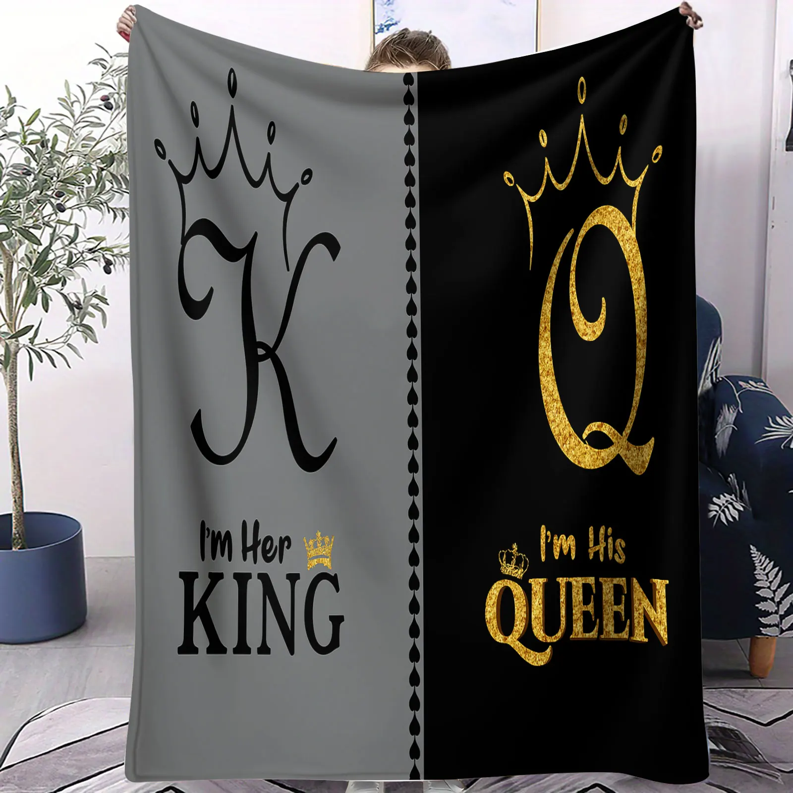 الملك الملكة زوجين الفانيلا بطانية رومانسية القلب تاج طباعة رمي بطانية للمنزل هدية عيد الحب المثالية للأزواج