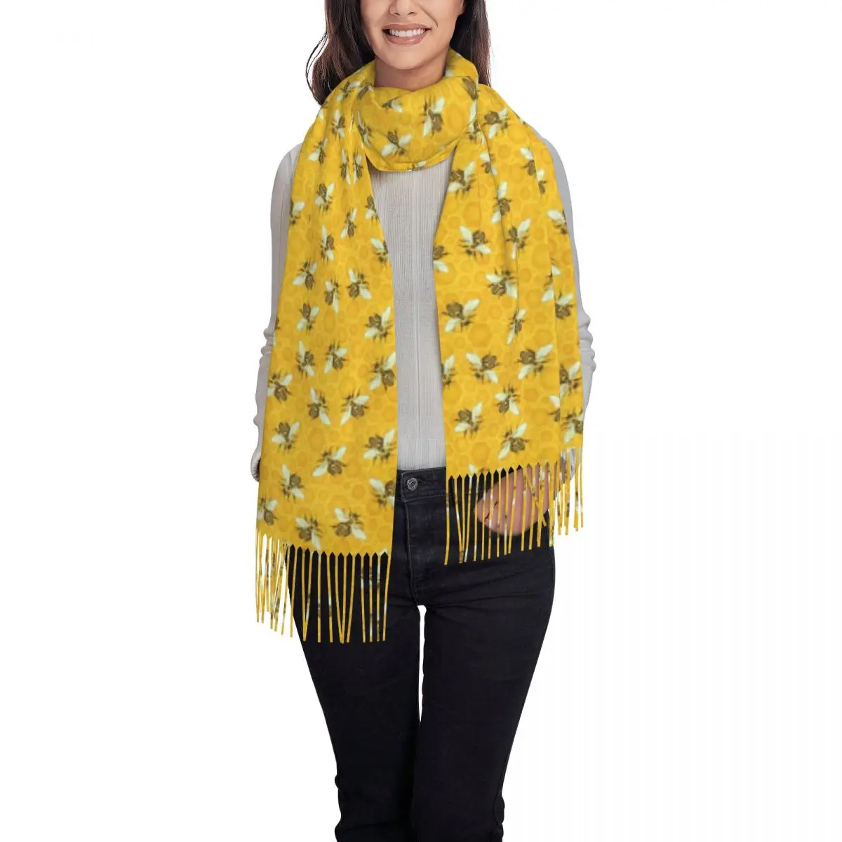 Ladies Scarf Warm Honey Bees Scarves Wraps with Long Tassel Cute Honeycomb Luxury 2024 Shawls and Wraps Autumn Graphic Foulard