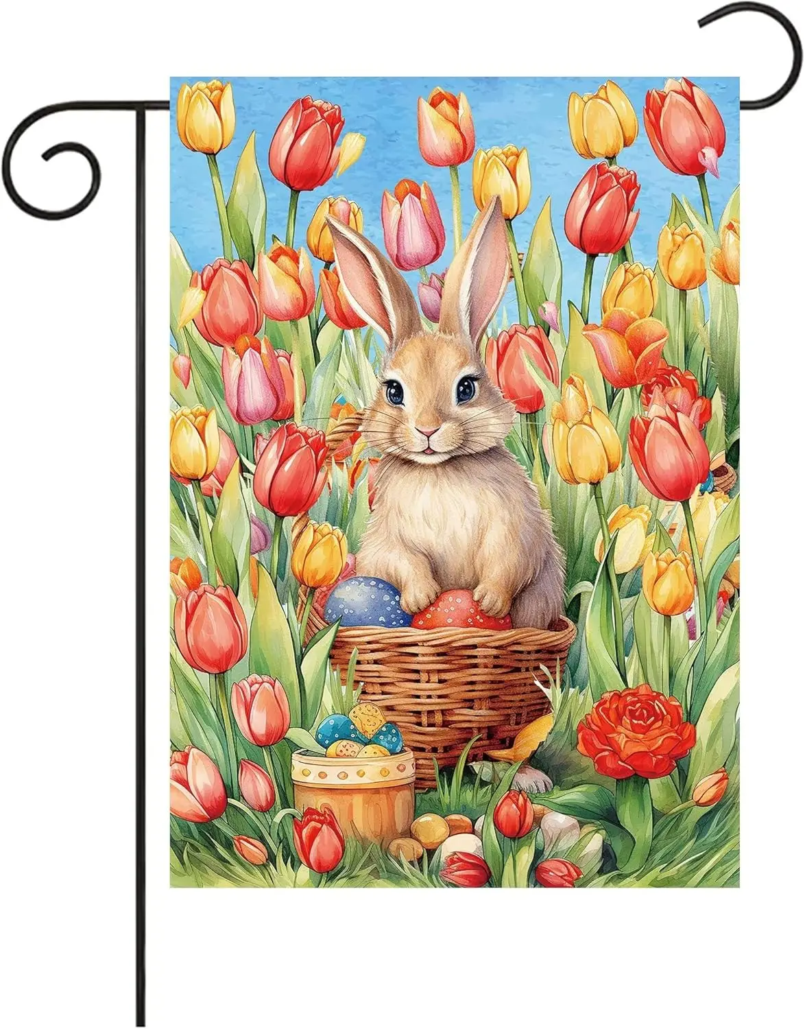 Cute Rabbit Bunny with Egg Tulips Colorful Flowers Field Easter Garden Flag 12¡Á18 Inch Small Vertical Double Sided Seasonal uui