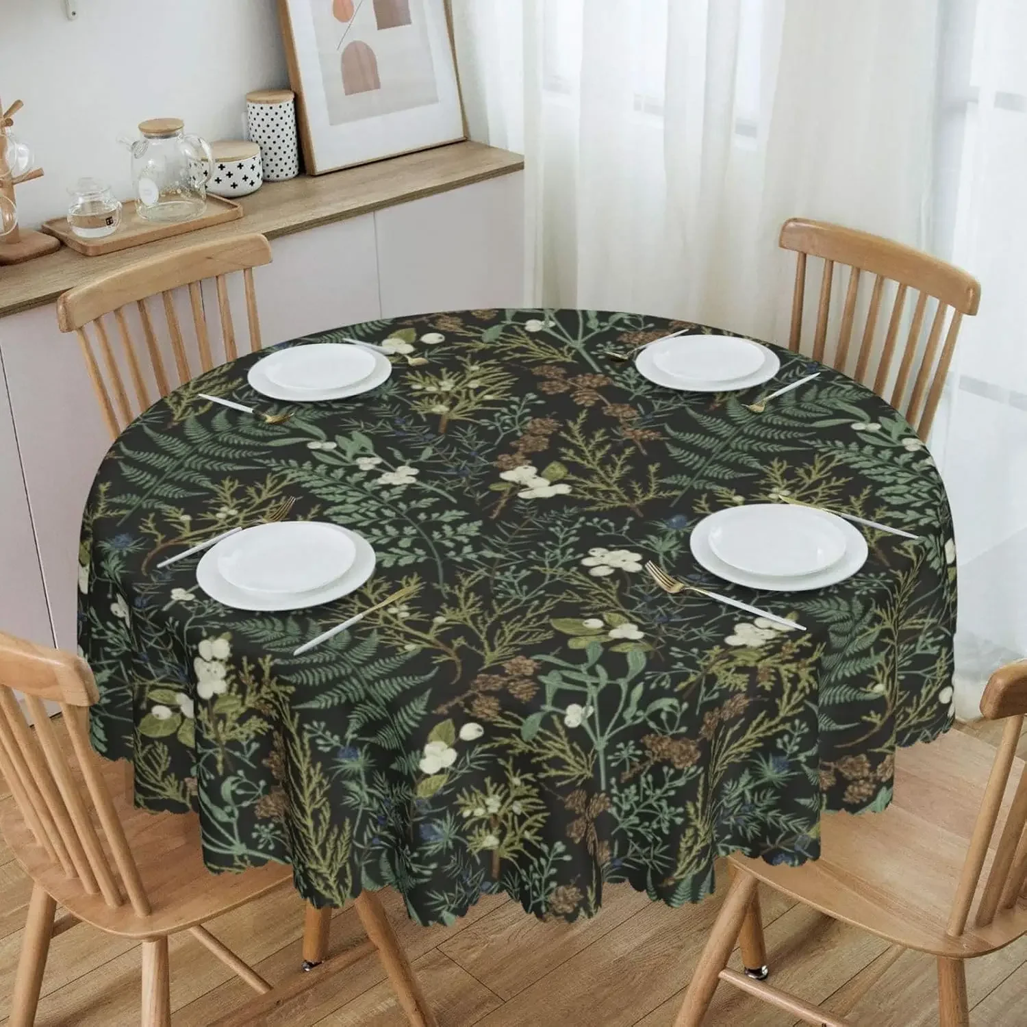 Botanical Sage Green Floral Circle Tablecloth - Black Flower Plant Pattern Washable Party Dining Cover