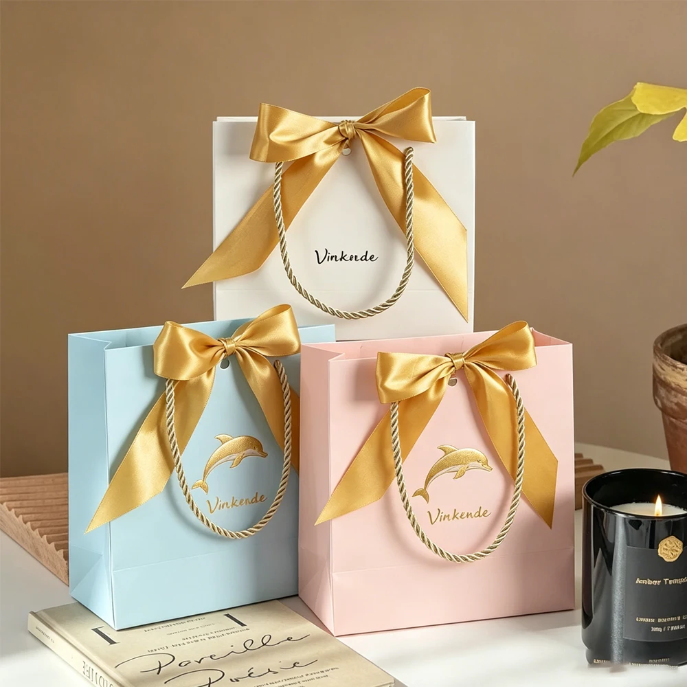 

50pack Luxury Jewelry Gift Bags with Handles Customized Logo Paper Wedding Party Favor Bag Bulk with Bow Ribbon Gift Wrap Bags