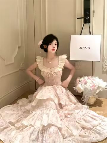 Summer Women Lace Ruffles Princess Fairy Dress Vintage Print Floral Sleeveless Birthday Dress Party Evening Female Elagant Dress