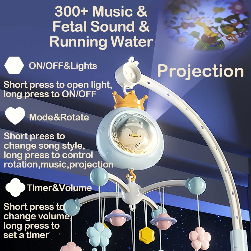 360° Penguin Musical Projection Baby Crib Mobile Rotating Soft Light Bed Bell Toy Four Speed Timming Infant Rattle Bedside Gift