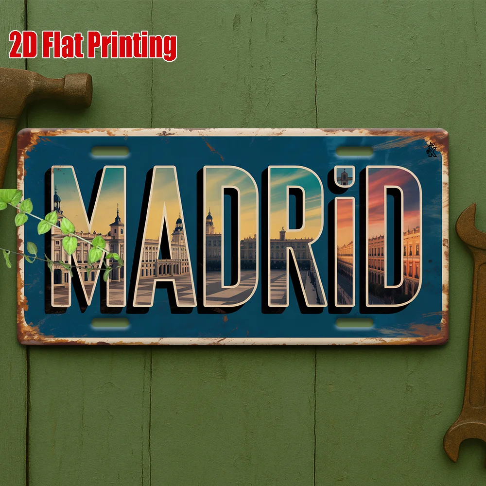 2D Flat Decorative License Plate Cover Frame Madrid Skyline Metal Sign 14.99cm x 29.97cm Spanish Cityscape Aluminum Plaque Water