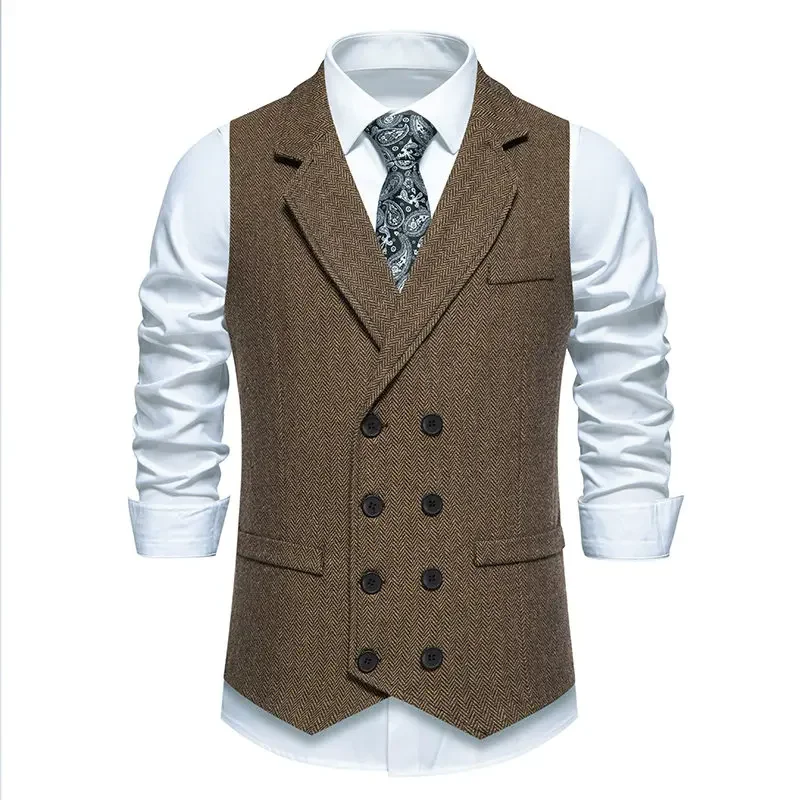 Fashion Men\'s Tweed Casual Vest Slim Fit Leisure double-breasted Herringbone Business Coffee Waistcoat Blazer Mens Clothing