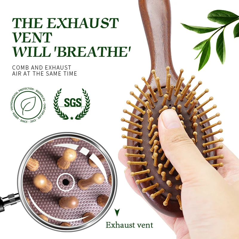 فرشاة شعر من خشب الصندل للنساء لتدليك فروة الرأس وأسنان خشبية واسعة مع فرشاة شعر مستديرة ومشط مضاد للكهرباء الساكنة لأداة تجميل الشعر