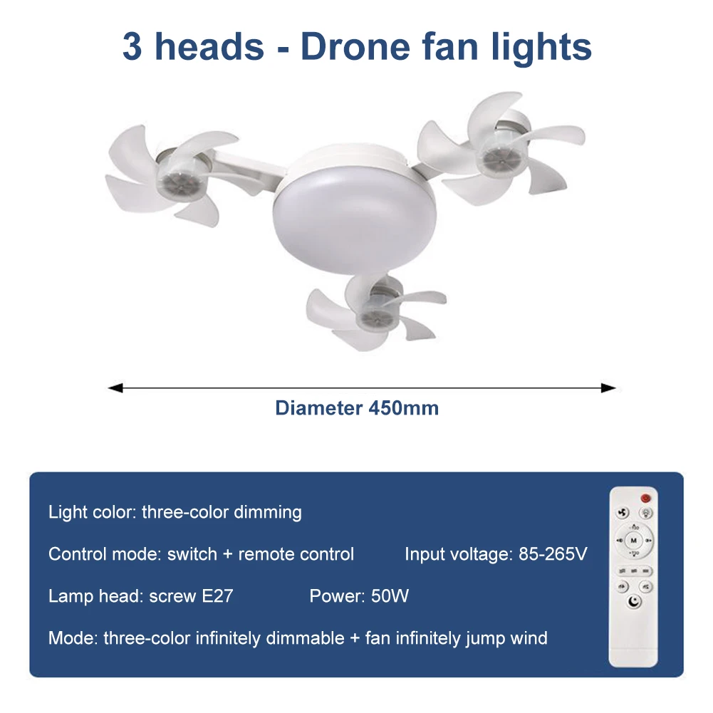 2-in-1-Hängeventilator mit LED-Laterne, E27, elektrischer kabelloser Ventilator, universeller dimmbarer Drohnenventilator für Esszimmer, Schlafzimmer, Wohnzimmer