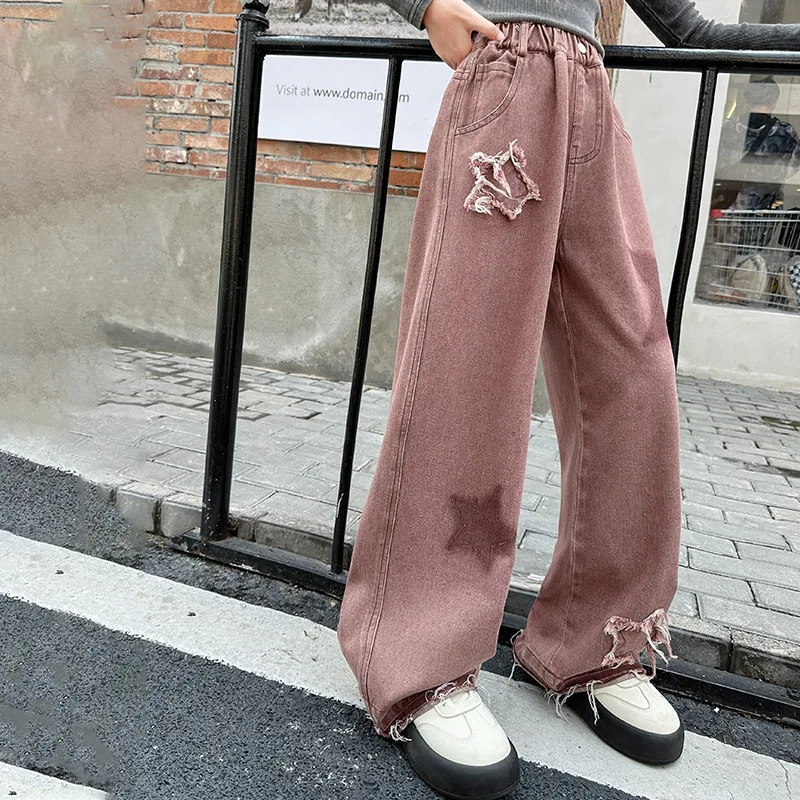 Pants Star-shaped Patch Jeans Grils Children Spring Autumn New Korean Loose Casual Wide-leg Fashionable Soft Comfortable