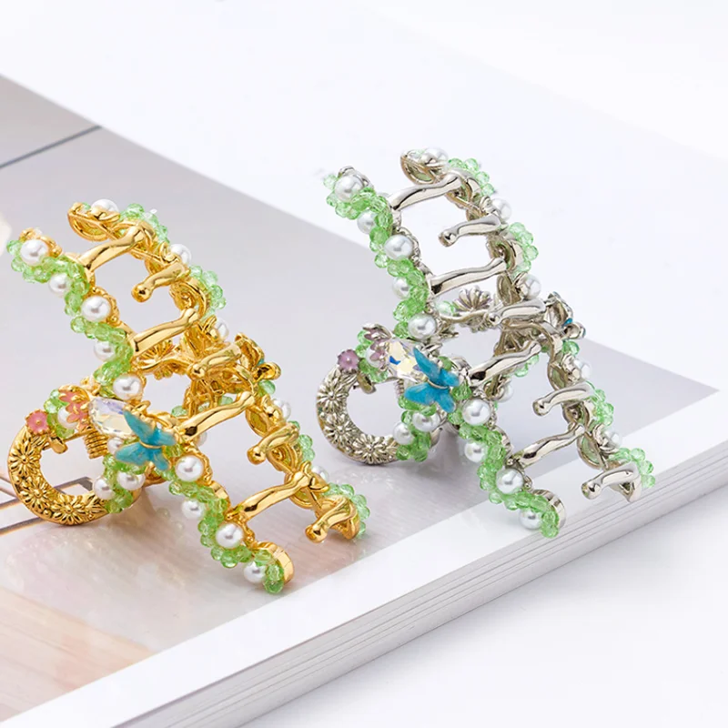 

Корейская заколка-краб для волос с жемчугом и цветами, из цинкового сплава, с кристаллами, в форме акулы, для затылка, аксессуар для волос