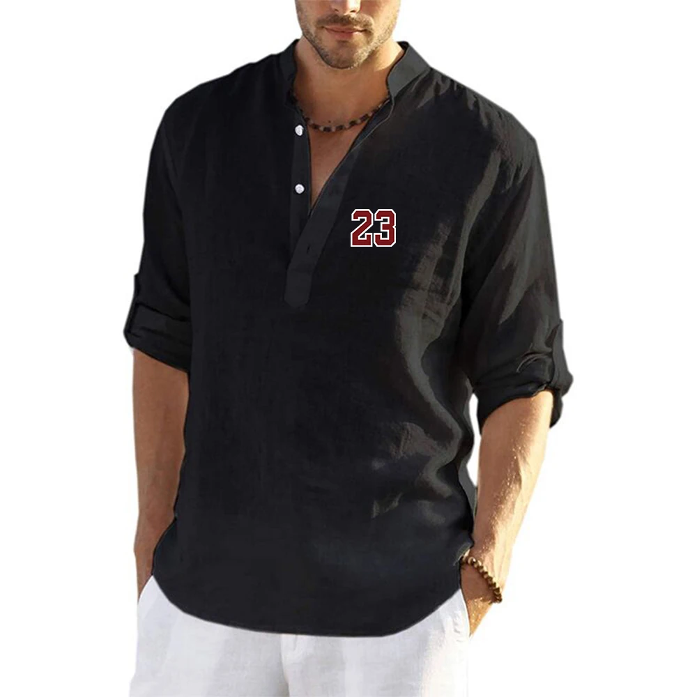 2025 Summer Mens JDN 23 Letter Basketball Players Logo Print Fashion Solid Color V-Neck Breathable Streetwear Cotton Linen Shirt