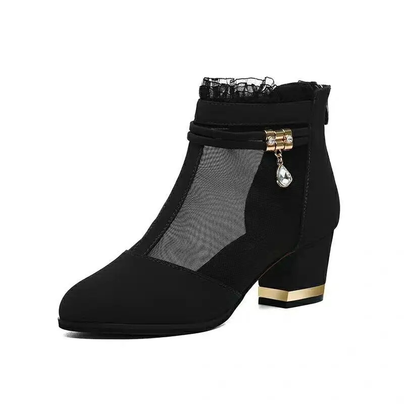 Comemore autunno stivali in rete sandali tacchi medi scarpe in pizzo donna strass 2023 primavera estate pompe Mujer nero bella 2022